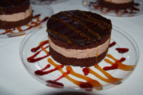 Mini chocolate mousse cake, caramel raspberry drizzle