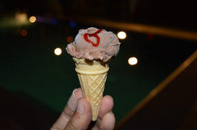 Chocolate Delight : a mini-cone, chocolate ice cream, raspberry drizzle